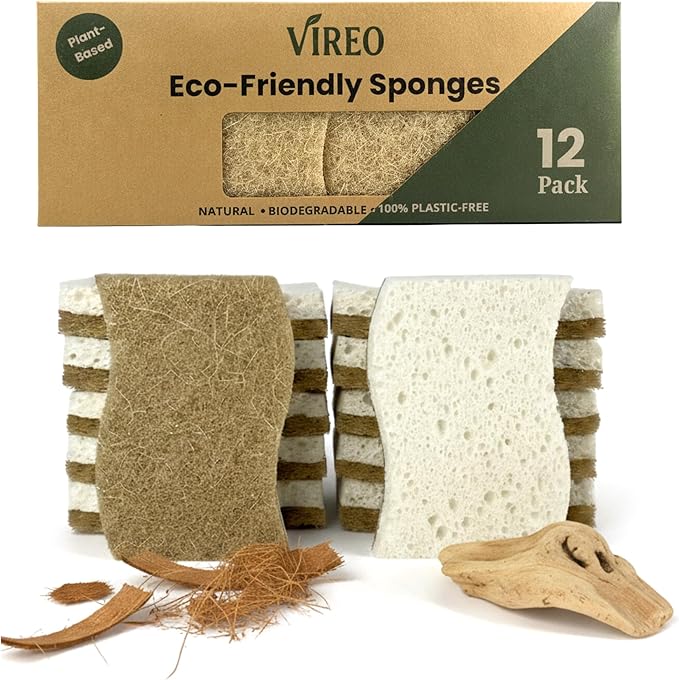 VIREO 12 Pack Eco Sponges – Natural Biodegradable Cellulose & Coconut Fiber Kitchen Scrubbers – Compostable, Odor-Free, Non-Scratch, Zero Waste Sponges for Dishwashing & Cleaning