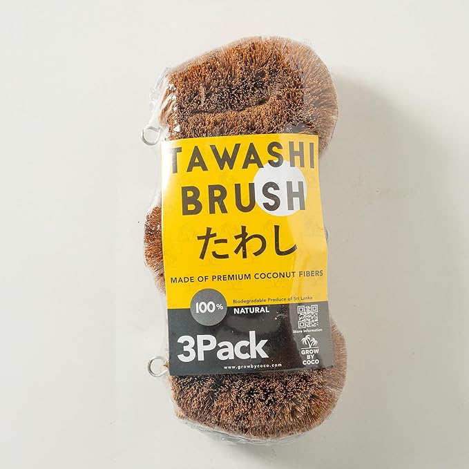 Pack of 3 Tawashi 100% Natural Coconut Coir Fiber Brush, Vegetable Scrub Brush,Ideal for Fruit Scrub, Kitchen Cleaning Needs, Kamenoko Japanese Design