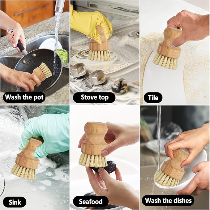 2Pcs Bamboo Dish Brush with Drain Rack - Bamboo Scrub Brush with Natural Sisal Bristles for Dishes Iron Pot Pan Sink Cleaning