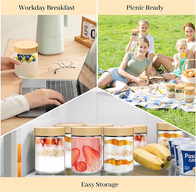 4 Pack 16oz Glass Jars with Bamboo Lids, Spoons, Airtight Overnight Oats Containers, Wide Mouth Mason Jars, Food Storage Container for Yogurt Salad Snacks Spice Sugar Meal Prep – Reusable
