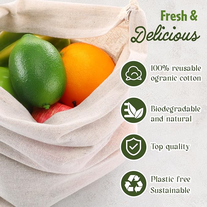 Woanger 10 Pack Reusable Produce Bags - X-Large 12 x 16 Inch Cotton Muslin Bags with Drawstrings Washable Canvas Fabric Sacks for Bread, Bulk Produce, Shoes