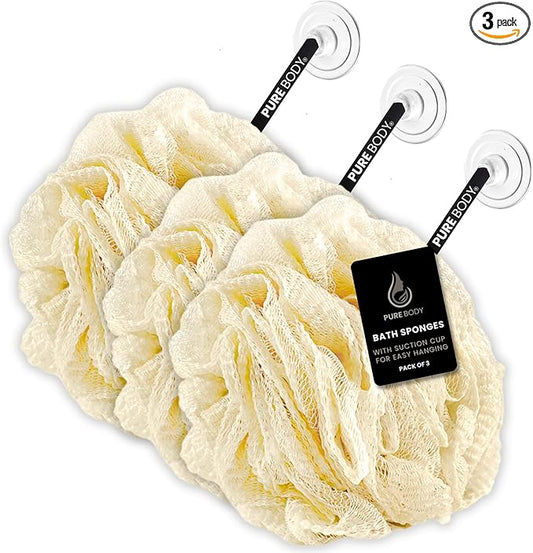 Large Bath Sponge Pack of 3 – Gentle Exfoliation Loofahs with Suction Cup, Soft 70G Mesh Poufs for All Skin Types, Lather for Daily Use (Beige)