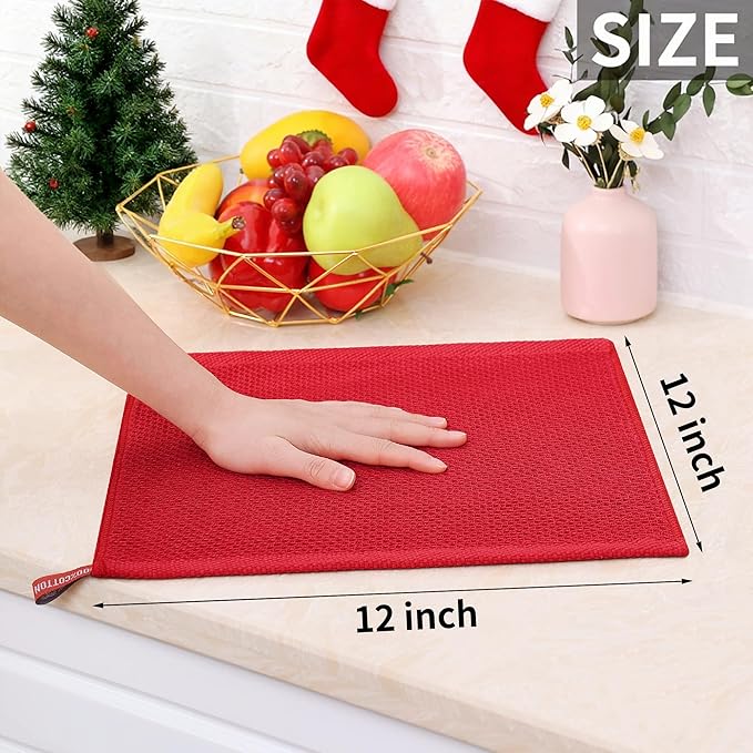Homaxy 100% Cotton Waffle Weave Kitchen Dish Cloths, Ultra Soft Absorbent Quick Drying Dish Towels, 12 x 12 Inches, 8-Pack, Red