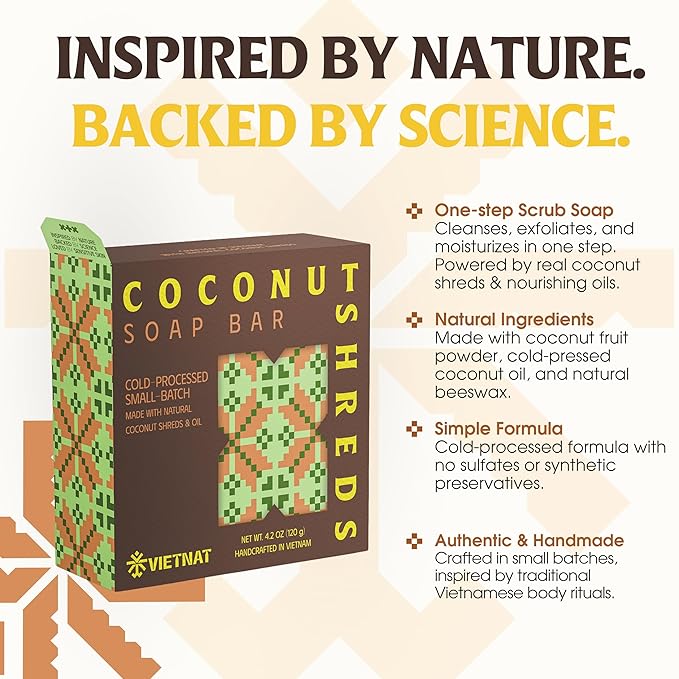 Cold-Process Natural 2-in-1 Luxurious Natural Soap Bar (4.2 oz) with Coconut Shreds | Light Exfoliation & Creamy Lather Body Bar | Cold-Processed, Handmade in Vietnam (Pack of 1)