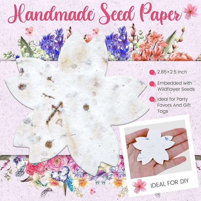 50 Pcs Handmade Seed Paper Plantable Wildflower Seed Paper Recycled Flower Petals Tags Wedding Favors for Guests Craft Gifts Cards for Envelope Birthday Party, 5 Styles (Flower Shape)