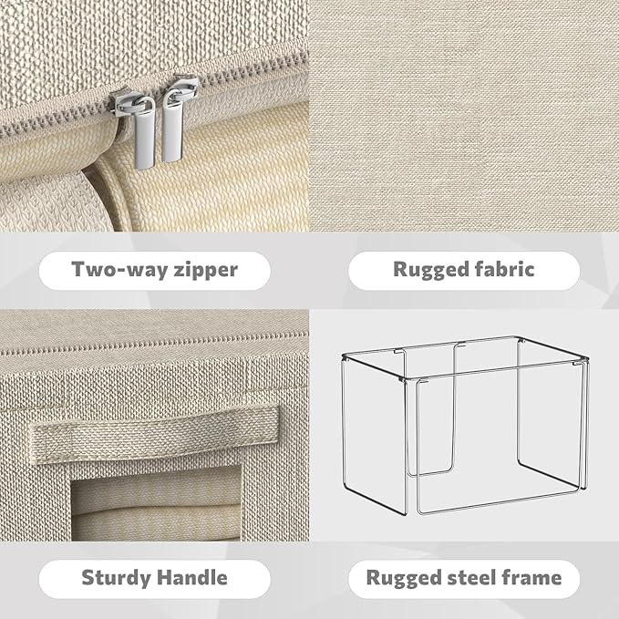 FHSQX 6 Pack Clothes Storage Bins with Metal Frame Foldable Storage Bins for Clothes Linen Fabric Storage Box with Clear Window (Beige, 19.7x15.7x13inch(66L))