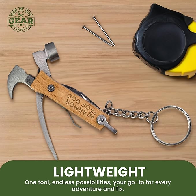 5-in-1 Hammer Keychain Multi-Tool - Laser-Engraved Armor of God, Eph 6:11 Scripture - Multitool Keychain Pliers with Opener, Nail Pry & More - Christian Pocket Tools For Men
