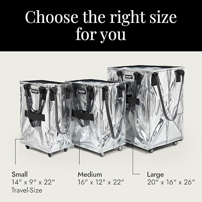 HULKEN (Medium, Silver) Reusable Grocery Bag On Wheels, Shopping Trolley, Rolling Tote, Zipper Closure, Lightweight, Carries Up to 66 lb, Folds Flat, Unbreakable Handles