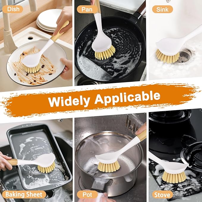 Dish Brush Set with Bamboo Handle, Kitchen Brushes for Cleaning Pot, Sink and Stove, Skillet Scrubber with Tough Bristles for Cast Iron Grill Pan, 2 Pack