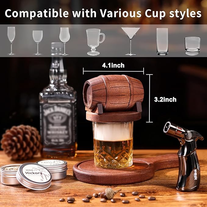 Whiskey Smoker Kit with Torch No Butane, 6 Flavors Wood Chips, 2 Whiskey Glasses, 2 Ice Ball Molds, Cocktail Drink Smoker Kit, Old Fashioned Smoker Kit, Birthday Anniversary Bourbon Gifts for Men Dad