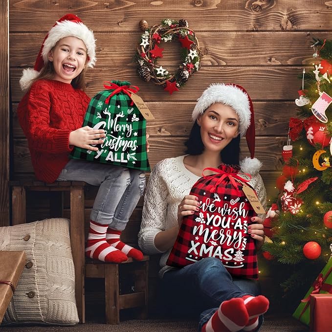 16 PCS Christmas Drawstring Gift Bags with Tags, Buffalo Plaid Large Xmas Gift Bags Assorted Sizes Bulk, Cotton Fabric Holiday Gift Bag Jumbo Medium Small Xmas Wrapping Bag for Presents Party Favors