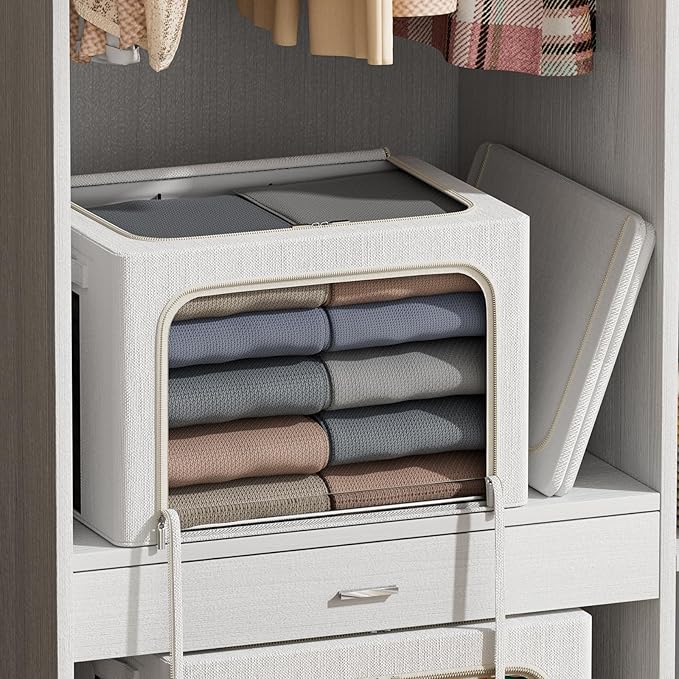 FHSQX 6 Pack Clothes Storage Bins with Metal Frame Foldable Storage Bins for Clothes Linen Fabric Storage Box with Clear Window (Lvory White, 15.7x11.8x7.8inch(22L))