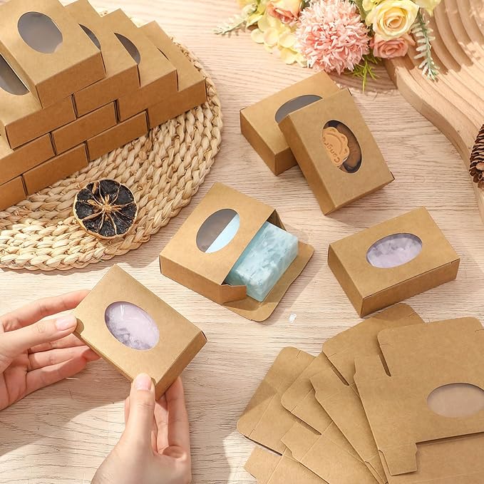 TaoBary 100 Pcs Soap Boxes for Homemade, 3 x 3 x 1.2 Inch Small Paper Gift Packaging Boxes with Window, Gift Wrappers for Soap Packaging Making Party Favor(Oval,Kraft)