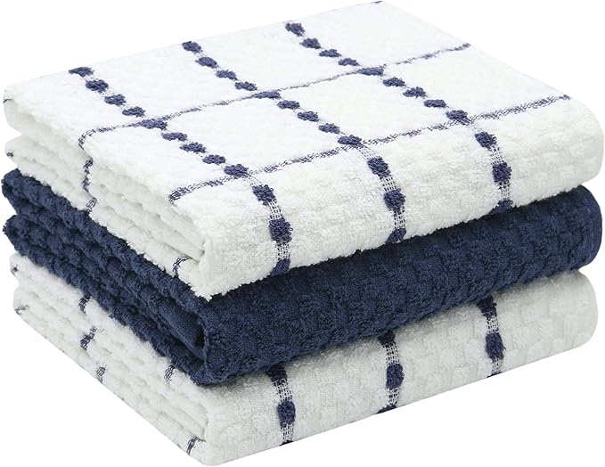 Cotton Dish Towels for Kitchen Drying Dishes, Set of 3, Terry Kitchen Hand Towels, Light and Soft Tea Towels for Baking, 15 Inch x 25 Inch (Blue Set)