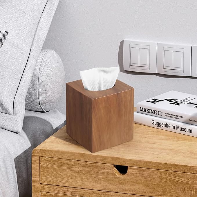 Tissue Box Cover, Square Facial Acrylic Tissue Holder with 2 Pack Clear Qtip Holder Dispenser for Cotton Swabs, Bathroom Essentials Accessories Decor, Vanity Makeup Countertops -Wood Grain