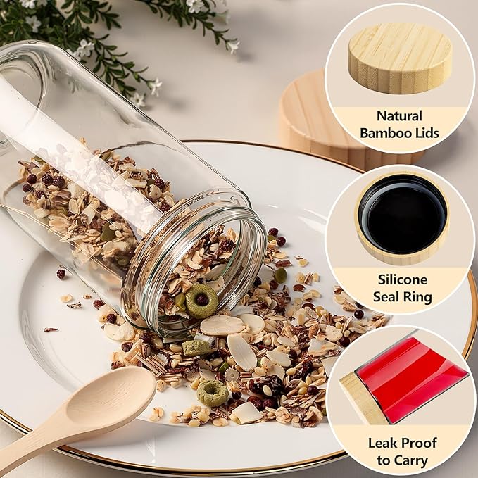 4 Pack 24oz Glass Jars with Bamboo Lids, Spoons, Airtight Overnight Oats Containers, Wide Mouth Mason Jars, Food Storage Container for Yogurt Salad Snacks Spice Sugar Meal Prep – Reusable