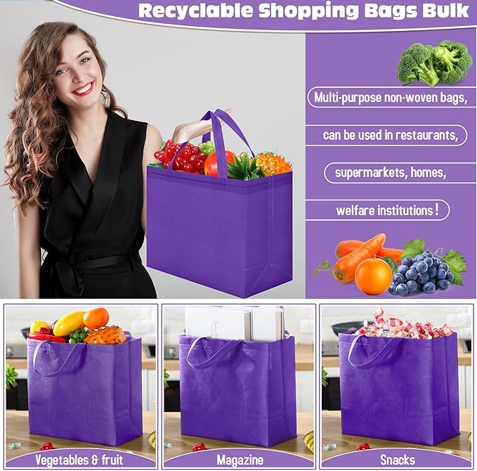Windyun Reusable Grocery Bags Large Non Woven Shopping Bags with Handles Foldable Portable Tote Bulk, 12.6 x 11.8 x 6.3 Inch
