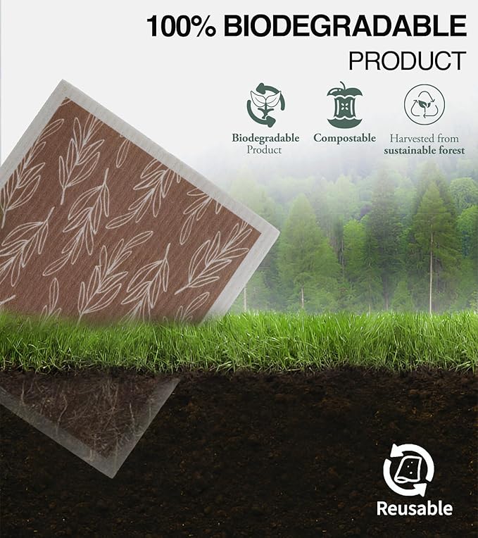 Swedish Dishcloths for Kitchen100% Biodegradable | 10 Pack Reusable Cellulose Sponge Cloths | Ultra Absorbent, Eco-Friendly Cleaning Towels | Dishcloths for Washing Dishes and General Cleaning