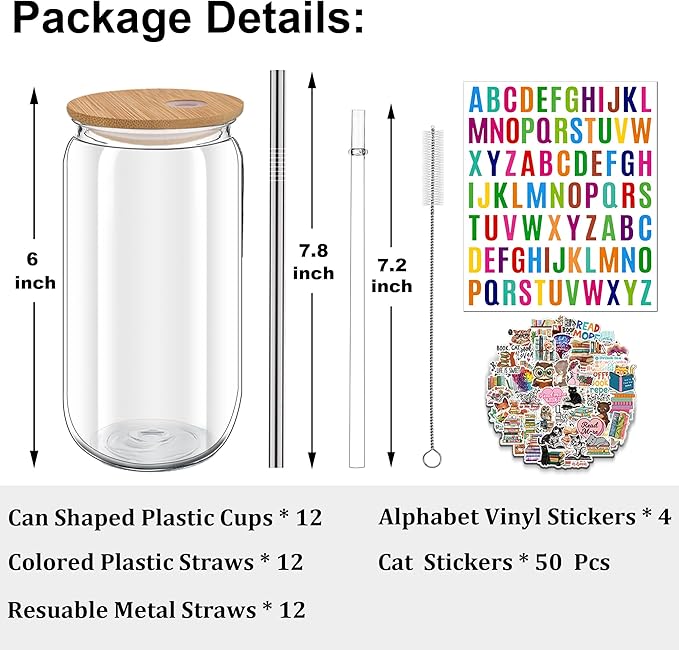 16 oz Clear Plastic Cups Reusable with Bamboo Lids and Straws & DIY Sticker, 12Pack Acrylic Mason Jars Iced Coffee Drinking Glasses Cup for Park Picnic, Poolside, Party Giveaways