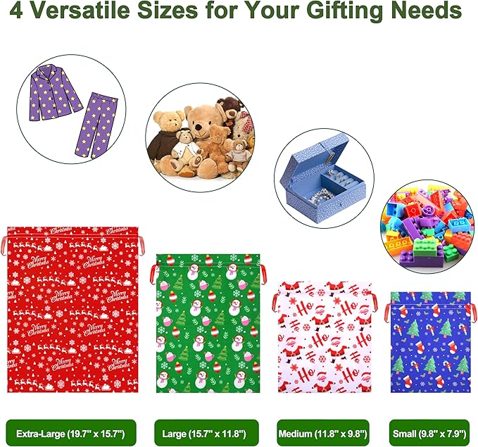 ARGCONNER 12 Pcs Christmas Drawstring Gift Bags, Assorted Reusable Fabric Gift Wrapping Bags in 4 Sizes and Designs for Gifts Xmas Party Holiday Favors