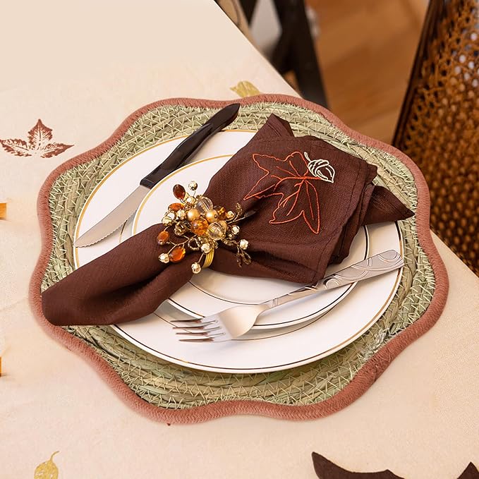 13.8 inch Fall Round Woven Placemats Set of 10 Boho Scalloped Rattan Place Mats Natural Water Hyacinth Flower Shaped Weave Mats Rustic Wicker Mats Autumn Fall Thanksgiving Table Decor