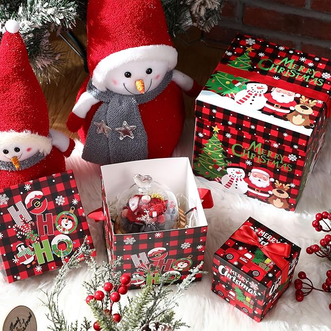 3 Pcs Christmas Nesting Gift Boxes Buffalo Plaid Xmas Stackable Boxes Black Red Decorative Xmas Nested Present Boxes with Lids and Ribbon for New Year Birthday Party Gift(Santa)