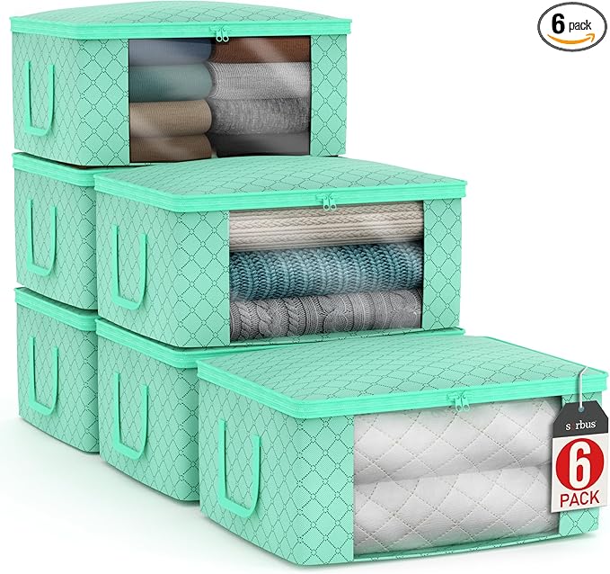 Sorbus Medium Clothes Storage Bags - Foldable Blanket Storage Bins for Organizing Bedroom, Closet, Clothing, Comforter, Organization with Clear Window, Lids and Carry Handles - Set of 6
