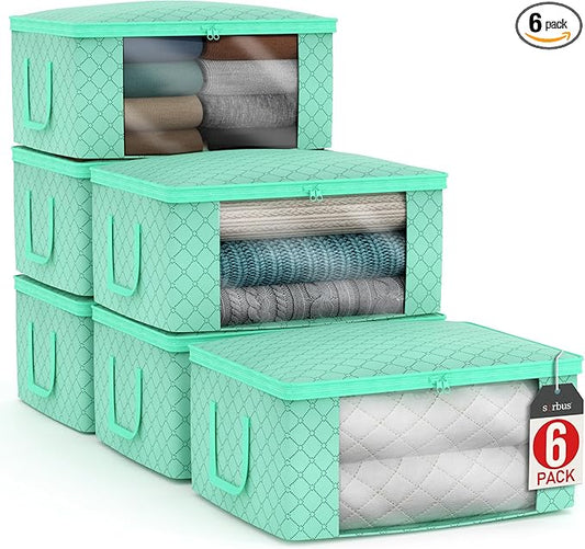 Sorbus Medium Clothes Storage Bags - Foldable Blanket Storage Bins for Organizing Bedroom, Closet, Clothing, Comforter, Organization with Clear Window, Lids and Carry Handles - Set of 6