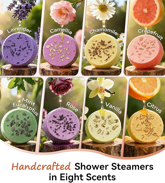 Shower Steamers Aromatherapy Stocking Stuffers 8 Scents – Christmas Gifts for Women Elegant Packaging with Essential Oils, Relaxing Spa Shower Tablets for Stress Relief, Self Care