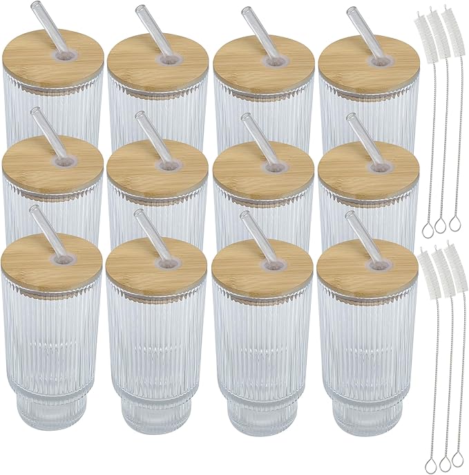 12-Pack Ribbed Glass Tumblers with Lids and Straws - 16oz Iced Coffee Cups, Reusable Glass Cups with Bamboo Lids Set for Tea, Matcha, Cocktails & Sparkling Water - Gift for Christmas, Birthdays