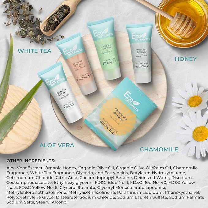Eco Botanics Hotel Soaps & Toiletries Bulk Set | 1-Shoppe Amenities Kit | 0.85oz Shampoo & Conditioner, Body Wash, Lotion, 0.89oz Bar Soap | Travel Size | 150 Pieces