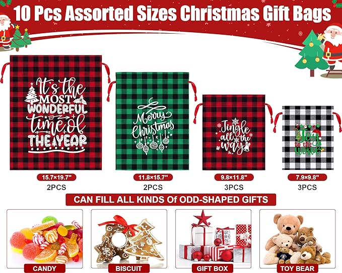 10 PCS Christmas Drawstring Gift Bags with Tags, Buffalo Plaid Xmas Gift Bags Assorted Sizes Bulk, Cotton Fabric Holiday Gift Bag Large Medium Small Wrapping Bag for Xmas Presents Decor Party Favors
