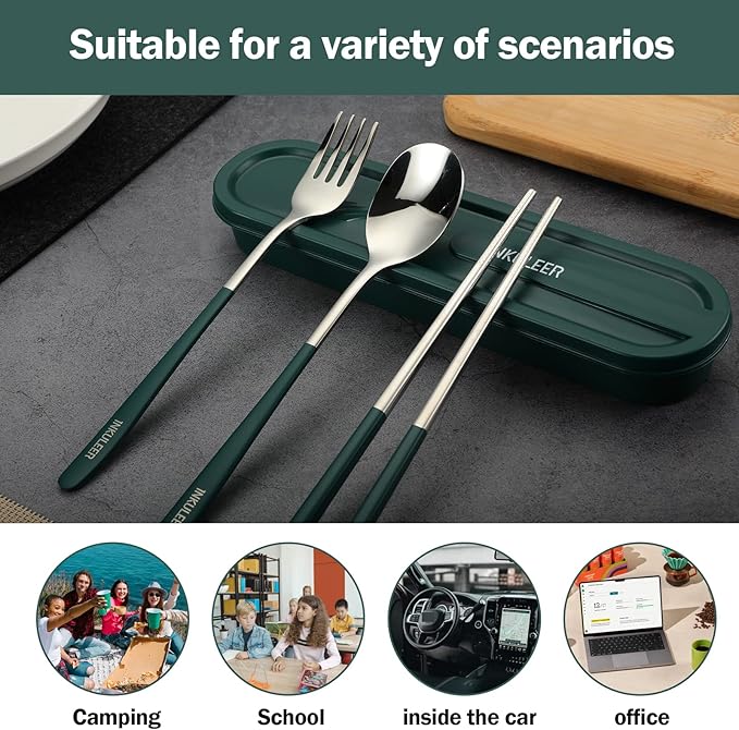 Travel cutlery set, 18/8 stainless steel cutlery, Reusable utensils set with case, Portable Silverware Lunch Box for Camping and Office (Dark Green)