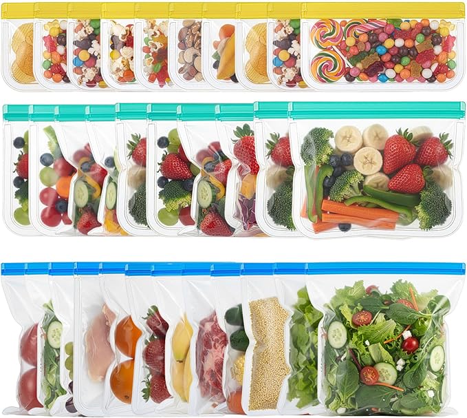 32 Pack Reusable Storage Bags, 3 Sizes Leakproof Food Bags, Dishwasher Safe BPA-Free Sandwich Snack Gallon Bag for Milk Bread Fruit Vegetable Meat Cookie, 3 Colors