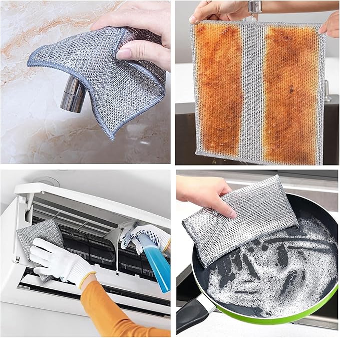 YinQin 28x20 cm Stainless Steel Wire Scrubber Cloth for Kitchen Pots Pans Sink Stove Top 4 PCS Double-Layer Rust-Resistant Easy Mesh Clean Cleaning Cloths Non-Scratch Metallic Dishwashing Cloth Rags