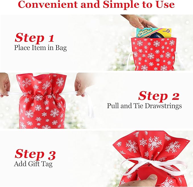 Fabric Gift Bags for Christmas Presents - 6 Pcs Holiday Bags with Drawstring, Large Christmas Gift Bags for Presents, Gift Wrap Reusable Bags for Gifts (Red Designs)
