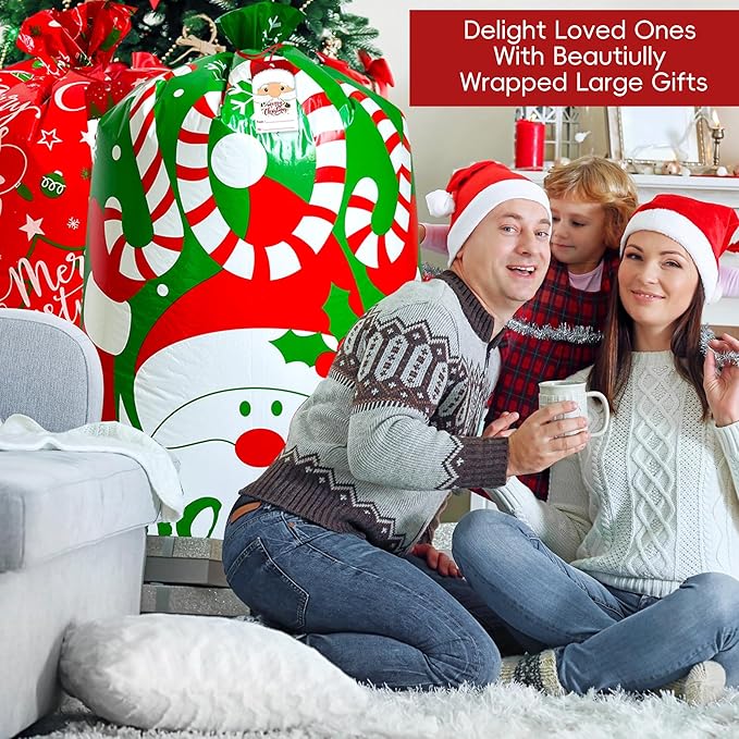 POPGIFTU Extra Large Christmas Gift Bags Bulk - 4 Pack Jumbo Santa Sacks 54.3" x 36.2" Heavy Duty Plastic Xmas Wrapping Bags for Oversized Presents, Toys & Holiday Gifts with Tags & Ties