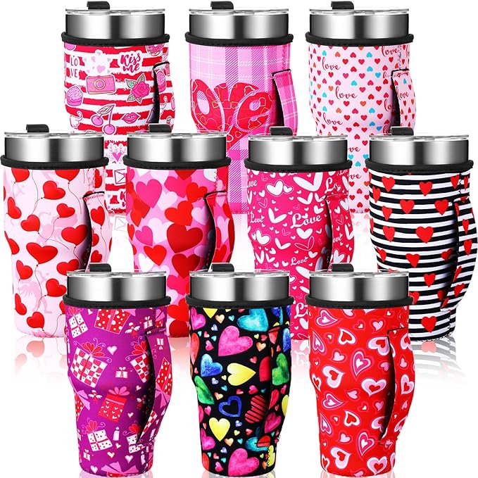 Layhit 10 Pcs Valentine Theme Coffee Cup Sleeves Reusable Neoprene Cup Sleeve with Handle for Galentines Valentine's Day Anniversary Wedding Gifts for 30 oz Cold Hot Drinks Beverages Tumbler