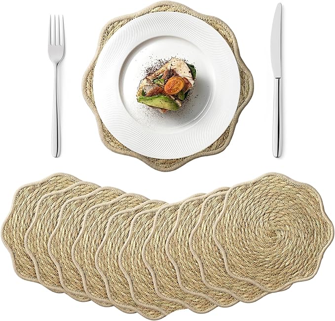 13.8 inch Round Woven Placemats Set of 10 Scalloped Placemats Boho Rattan Place mats Natural Water Hyacinth Flower Shaped Farmhouse Weave Mats Rustic Braided Wicker Mats for Dining Table Home Wedding