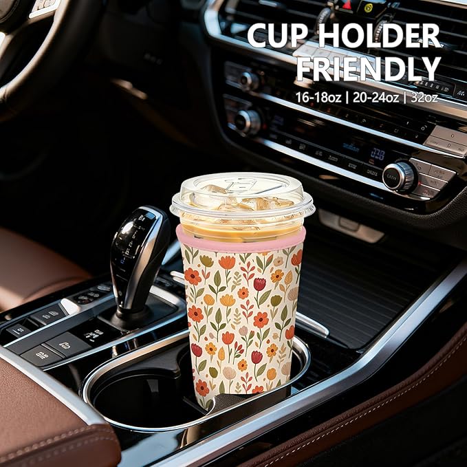 Iced Coffee Sleeve, Reusable Insulated Neoprene Cup Sleeve for Cold & Hot Drinks Beverages, Cup Holder for 32oz Coffee Cups, Beauty Flowers