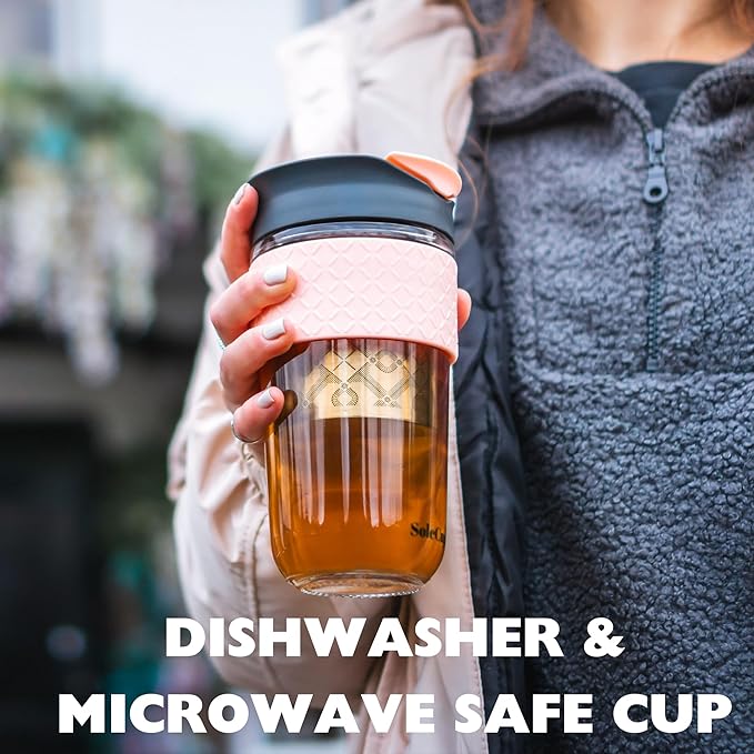 Large Travel Mug Loose Tea Infuser - Detachable Tea Strainer with Spill Proof Lid - 18oz/530ml BPA-Free Reusable Glass Travel Coffee Cup with Silicone Band (Gray and Pink, 18oz)
