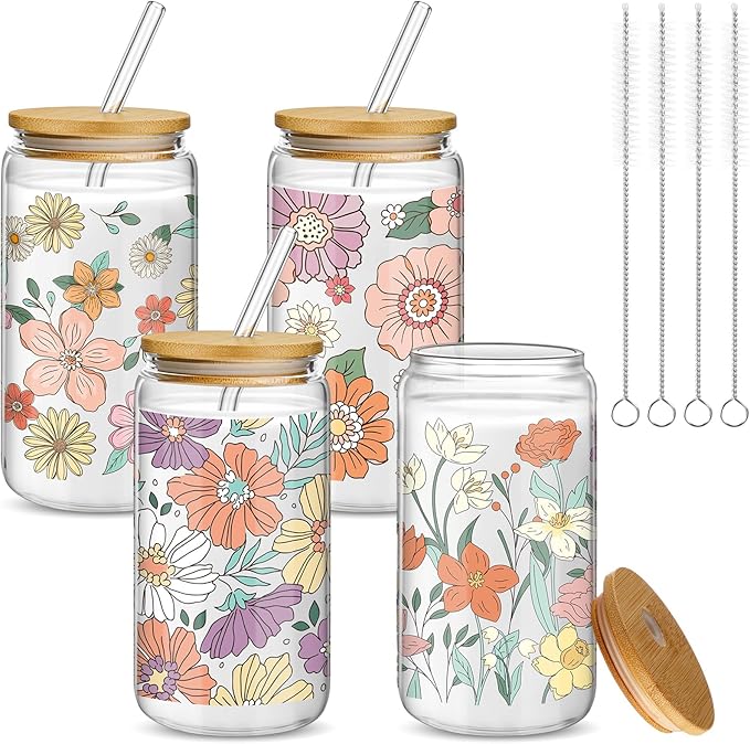 Mumufy 4 Pcs Gift for Women Bohemian Flower Cute Glass Cup Tumbler Boho Floral Iced Coffee Mugs 16 oz Glass with Bamboo Lid & Straw, Mothers Day Birthday Gift for Mom Sister Bridesmaid Baby Shower