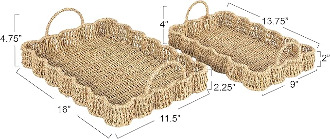 Household Essentials Woven Seagrass Scalloped Rectangular Trays, Set of 2, Natural