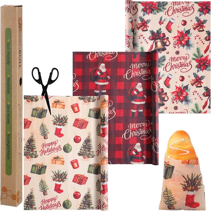 3 Rolls Christmas Reusable Beeswax Wrap for Bread 13x40" Xmas Food Wrap Beeswax Paper Santa Bell Food Wrappers Cotton Bread Sandwich Wrappers for Kitchen Storage Gifts