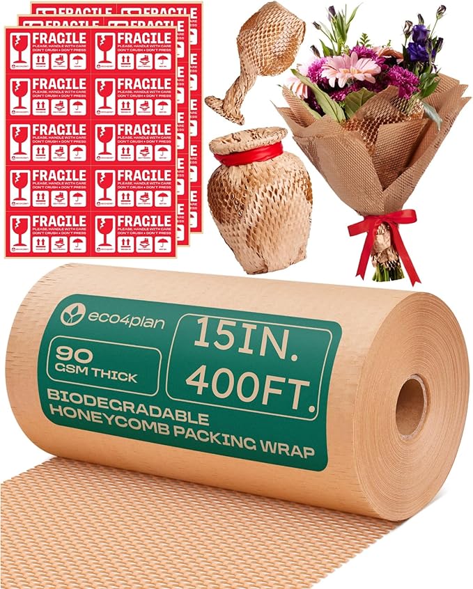 Honeycomb Packing Paper | Extra Thick 90 GSM Packing Wrap | Biodegradable Packing Materials: 15” x 400’ Moving Paper + 30 Fragile Stickers | Paper Bubble Wrap/Packing Bubbles Substitute