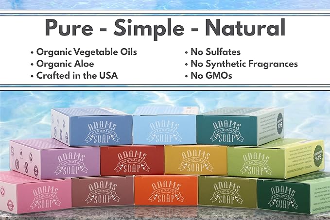 Adams Handmade Soap Variety Pack – 4 Bar Set: Tea Tree, Eucalyptus Spearmint, Patchouli, Lemon Sage | Vegan, Cold Process, 84% Organic, Essential Oils, USA Made