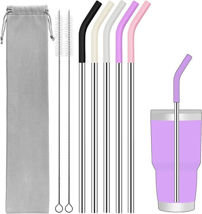 Set of 5 Stainless Steel Straws for 30 Oz Tumbler,For Stanley 30 Oz Tumbler, Reusable Metal Straw with 10 Silicone Tips and 2 Straw Cleaning Brush （5 colours 3, 30oz）