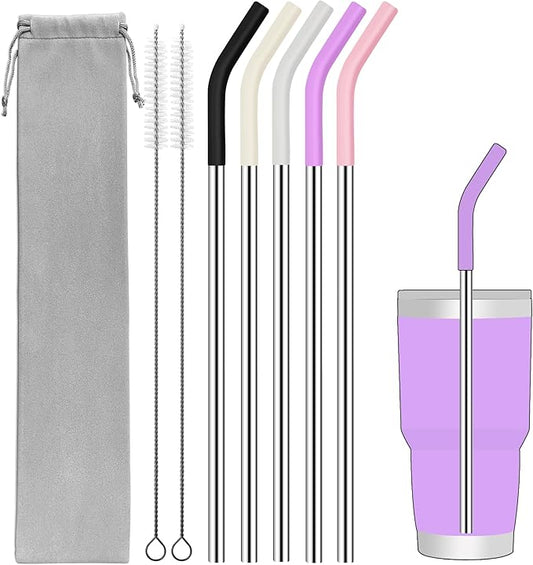 Set of 5 Stainless Steel Straws for 30 Oz Tumbler,For Stanley 30 Oz Tumbler, Reusable Metal Straw with 10 Silicone Tips and 2 Straw Cleaning Brush （5 colours 3, 30oz）