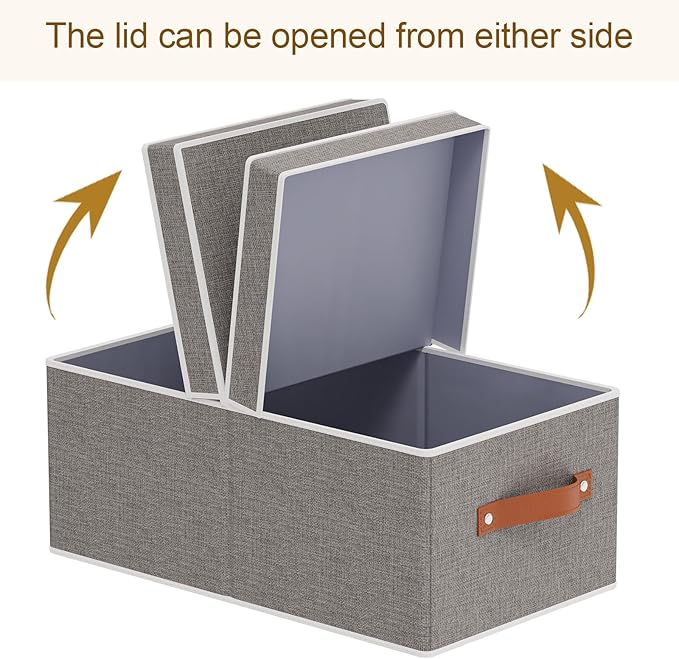 3-Pack Storage Boxes, Foldable Blanket Basket with Detachable Lid, Linen Closet 0rganizers with Double Handles, Collapsible Cubes for Organizing, Grey, 13 x 9.1 x 5.5 inch