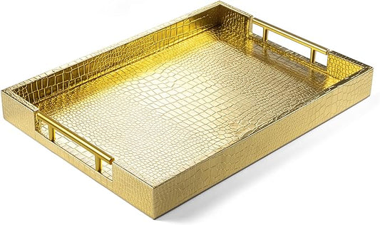 17" x 12" Wood Serving Tray with Gold Polished Metal Handles, Home Decorative Wooden Rectangle Ottoman Leather Decor Platter Bathroom Vanity Tray for All Occasions Alligator Gold